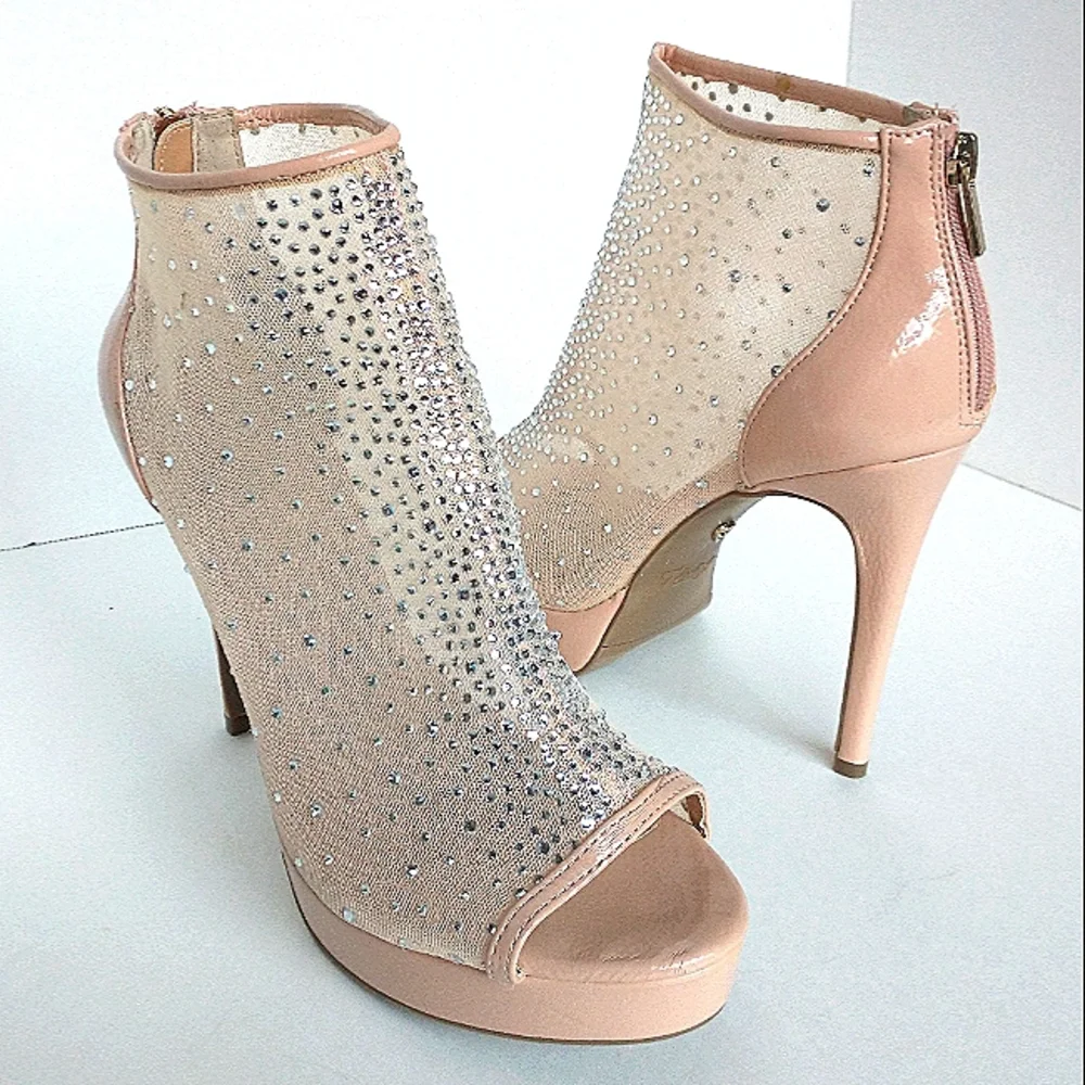 New w/Box Thalia Sodi Desire Nude Mesh Bling Peep-Toe Platform Stilettos Size 10